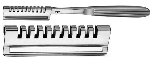 AE-BA710R, GUOLIAN, DERMATOME, consisting of 3 grafting templates 0.2, 0.25 and 0.3 mm thick, with 5 blades BA711R, 180 mm, 7" 