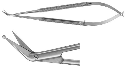 AE-FM490R, MICRO SCISSORS 	ANGLED 45°, DELICATE BLADE, WITH 1 PROBE POINTED BLADE 	165 mm, 6 1/2" 