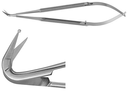 AE-FM493R, MICRO SCISSORS 	ANGLED 125°, DELICATE BLADE, WITH 1 PROBE POINTED BLADE 	165 mm, 6 1/2" 