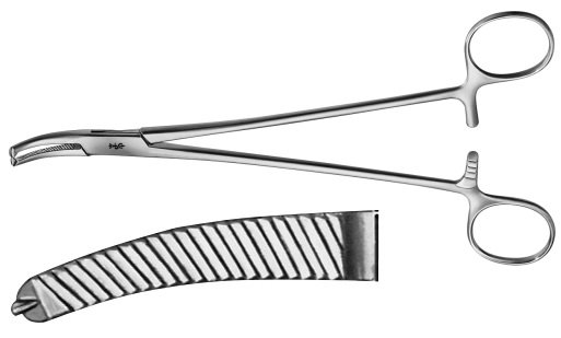 AE-BJ325R, FAURE PERITONEUM FORCEPS 	CURVED, 1 x 2 TEETH 	205 mm, 8"