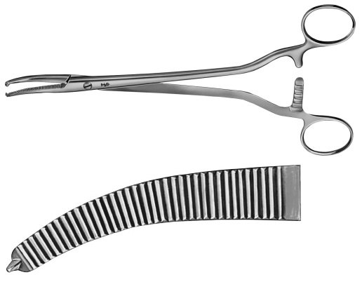 AE-BJ506R, WERTHEIM HYSTERECTOMY FORCEPS 1X2 TEETH, CURVED 	235 mm, 9 1/4"