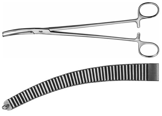 AE-BJ511R, HOLZBACH HYSTERECTOMY FORCEPS 1X2 TEETH, CURVED 	245 mm, 9 3/4"
