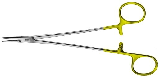 AE-BM051R, DE BAKEY 	DUROGRIP NEEDLEHOLDER 	ONE EXTENDED HANDLE AND CURVED RINGS ENSURE OPTIMUM GRIP, RECOMMENDED FOR SUTURE MATERIAL 4/0 - 6/0 	195 mm, 7 3/4" 