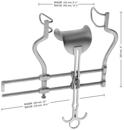 AE-BV608R, BALFOUR 	ABDOMINAL RETRACTOR 	LATERAL BLADES 60 MM DEEP, CENTER BLADE 62 x 76 MM 	200 mm x 250 mm, 8 x 10" 