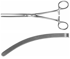 AE-EA146R, KOCHER, INTESTINAL CLAMP, CURVED, SOFT AND ELASTIC 230 mm, 9"