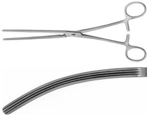 AE-EA213R, DOYEN, ATRAUMATA INTESTINAL CLAMP CURVED, SOFT AND ELASTIC 230 mm, 9"