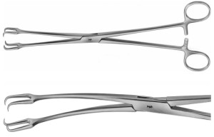 AE-EO151R, SCHRÖDER, UTERINE TENACULUM FORCEPS 2X2 TEETH, ANGLED 250 mm, 10"