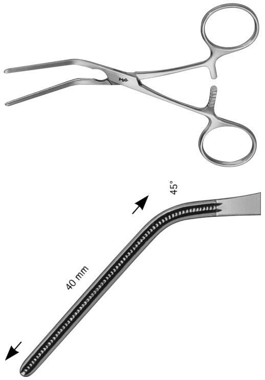 AE-FB543R, DE BAKEY, ATRAUMATA -BULLDOG CLAMP RING HANDLE, ANGLED 45° 125 mm, 5"