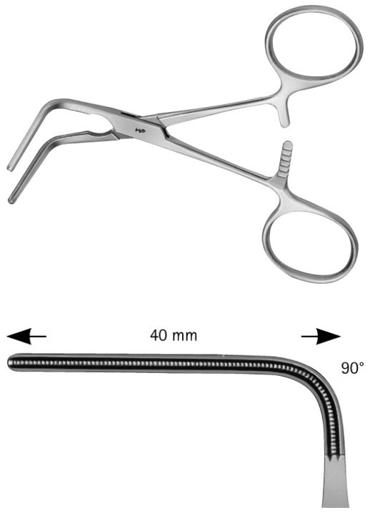 AE-FB544R, DE BAKEY, ATRAUMATA -BULLDOG CLAMP RING HANDLE, ANGLED 90°, 53 MM 105 mm, 4 1/8"