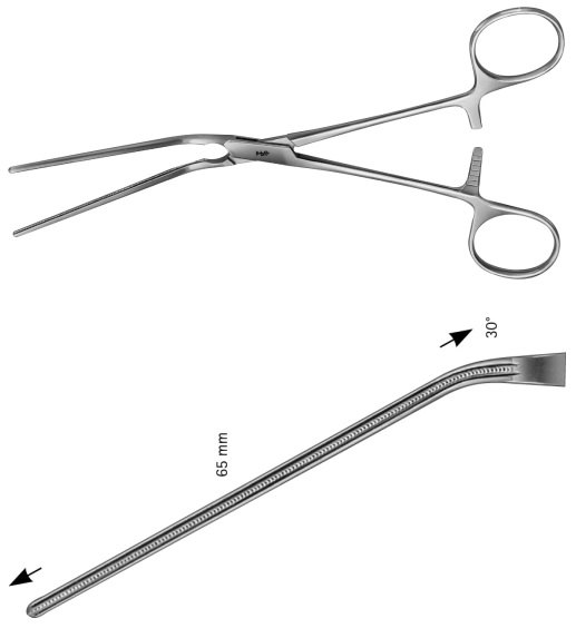 AE-FB467R, LELAND-JONES, ATRAUMATA VASCULAR CLAMP, ANGLED 30°, 65 MM, 190 mm, 7 1/2"
