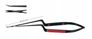 AE-FM148B, Noir micro Scissors, upwards curved, Angled bayonet shape, Coating no Reflections, Sharp/Sharp, working length 90mm, length 215mm