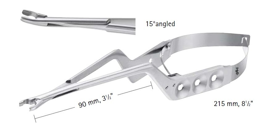 AE-FE585K, PHYNOX YASARGIL CLIP APPLIER, FOR PHYNOX STANDARD CLIPS, ANGLED 15 DEGREES, 90MM, LENGTH 215MM