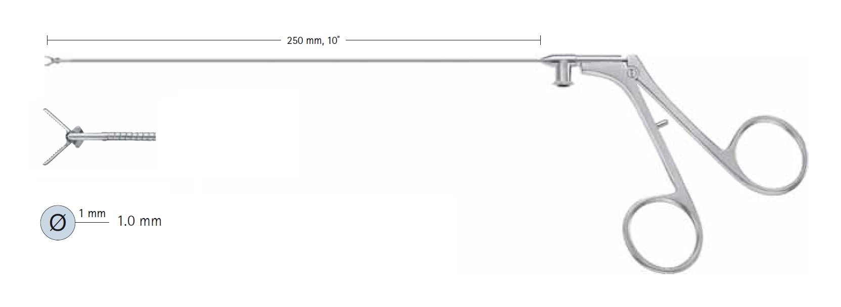 AE-FF374R, Paediatric endoscopic instrument, Micro grasping and dissecting forceps, Flexible, Non-detachable, Used through irrigation or overflow channel of the MINOP® trocar AE-FF399R, Diameter 1.0 mm, shaft length 250 mm