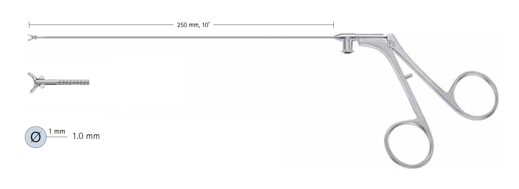 AE-FF378R, Paediatric endoscopic instrument, Micro biopsy forceps, Flexible, Non-detachable, Used through irrigation or overflow channel of the MINOP® trocar AE-FF399R, Diameter 1.0 mm, shaft length 250 mm