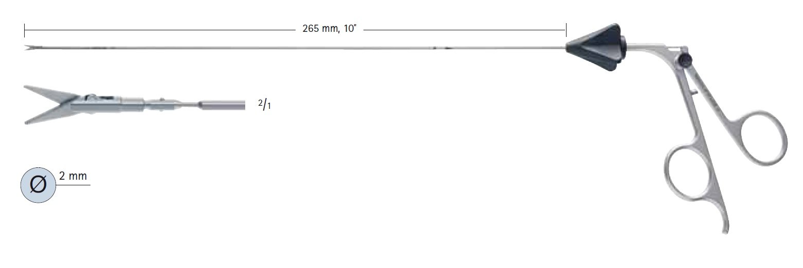 AE-FF385R, MINOP® micro scissors sharp / sharp, Instrument complete: Handle, outer tube, jaw part with inner tube, Ø 2mm, working length 265mm