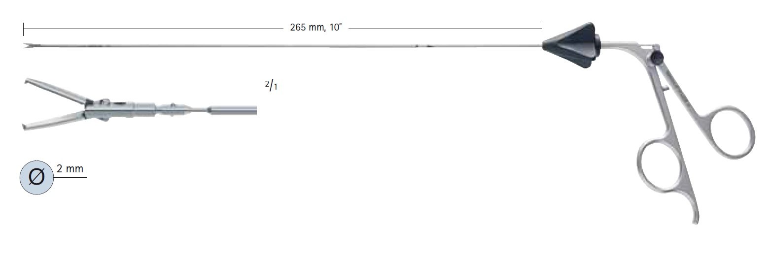 AE-FF389R, MINOP® surgical micro forceps, Instrument complete: Handle, outer tube, jaw part with inner tube, Ø 2mm, working length 265mm