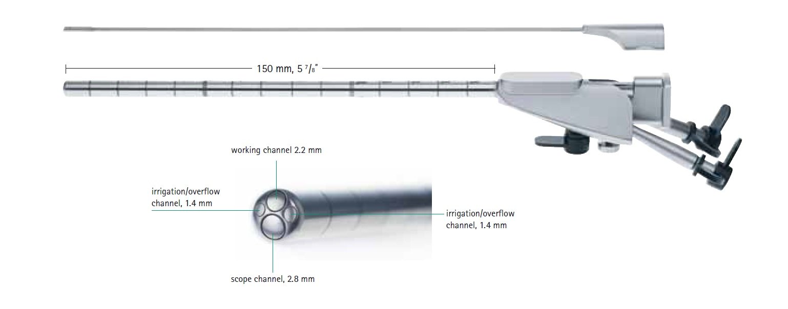 AE-FF399R, MINOP® Trocar, Outer diameter 6 mm, 4 chanels, Scope channel diameter 2.8 mm, Working channel diameter 2.2 mm, Irrigation channel diameter 1.4 mm, Overflow channel diameter 1.4 mm, Including 4 obturators for all channels, working length 150mm