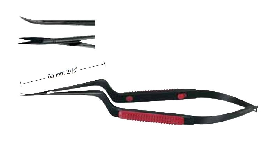 AE-FM146B, Noir micro Scissors, upwards curved, Angled bayonet shape, Coating no Reflections, Sharp/Sharp, working length 60mm, length 185mm