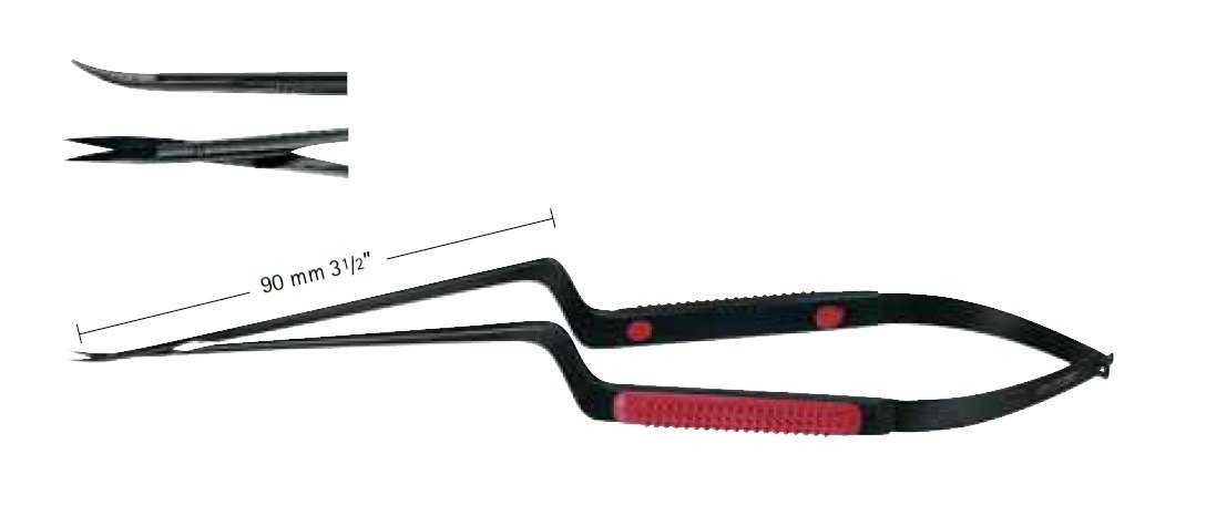 AE-FM148B, Noir micro Scissors, upwards curved, Angled bayonet shape, Coating no Reflections, Sharp/Sharp, working length 90mm, length 215mm
