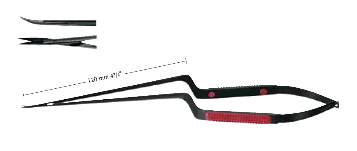 AE-FM149B, Noir micro Scissors, upwards curved, Angled bayonet shape, Coating no Reflections, Sharp/Sharp, working length 120mm, length 245mm