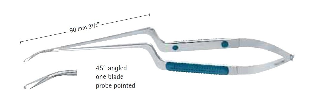 AE-FM167R, SENSATION micro Scissors, Angled 450, one blade with knob probe pointed, working length 90mm, length 215mm