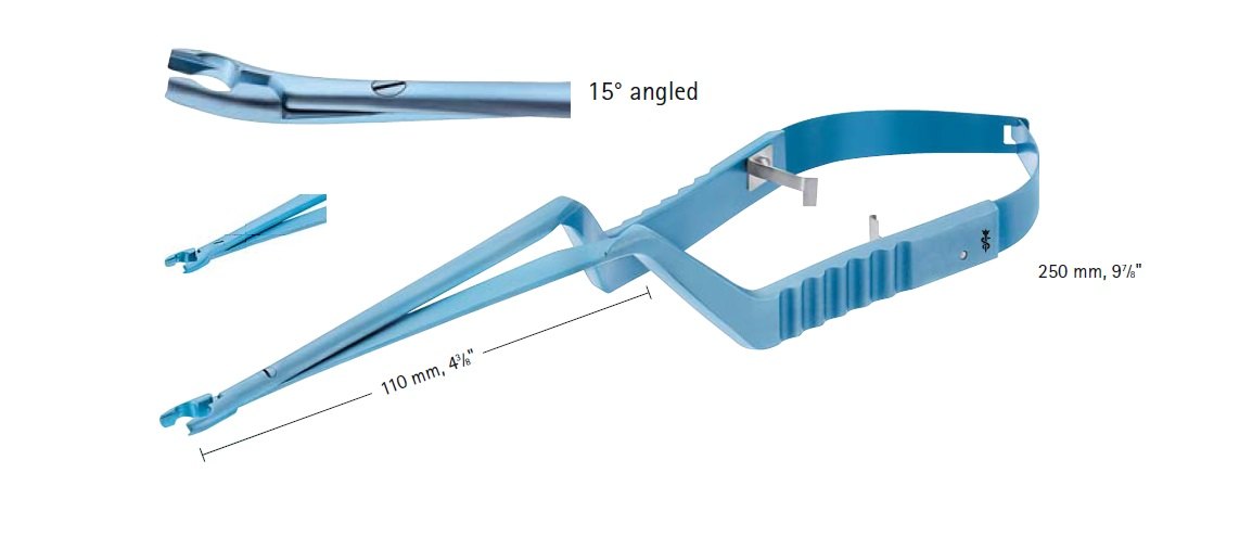 AE-FT487T, YASARGIL CLIP APPLIER, TITANIUM, FOR STANDARD CLIPS, ANGLE 15 DEGREES, COLOR CODING BLUE, 110MM, LENGTH 250MM