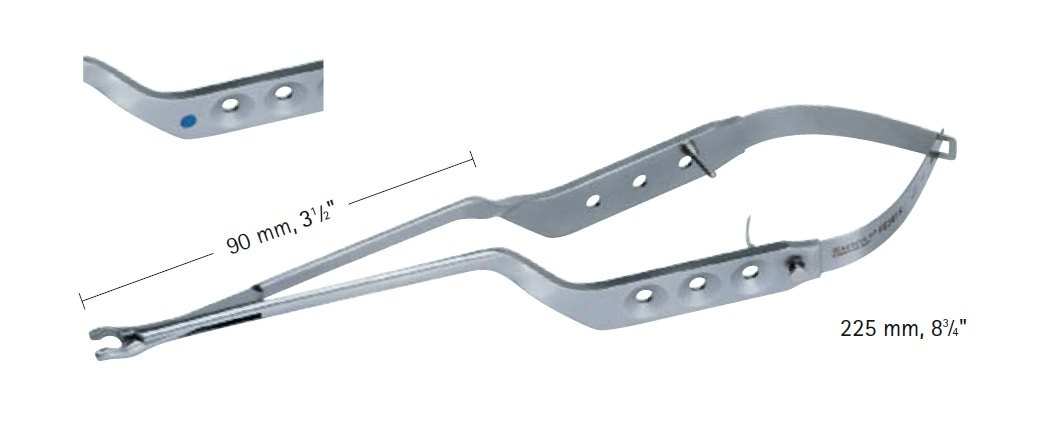 AE-FT501T, DOUBLE BAYONET CLIP APPLIER, TITANIUM FORCEPS, FOR STANDARD CLIPS, WITH LATCH, COLOR CODING A COLORED BUTTON IN HANDLE: BLUE, 90MM, LENGTH 225MM