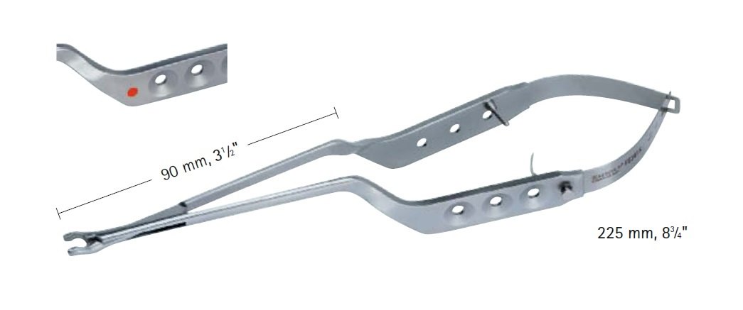 AE-FT515T, DOUBLE BAYONET CLIP APPLIER, TITANIUM FORCEPS, FOR MINI CLIPS, WITHOUT LATCH, COLOR CODING A COLORED BUTTON IN HANDLE: RED, 90MM, LENGTH 225MM