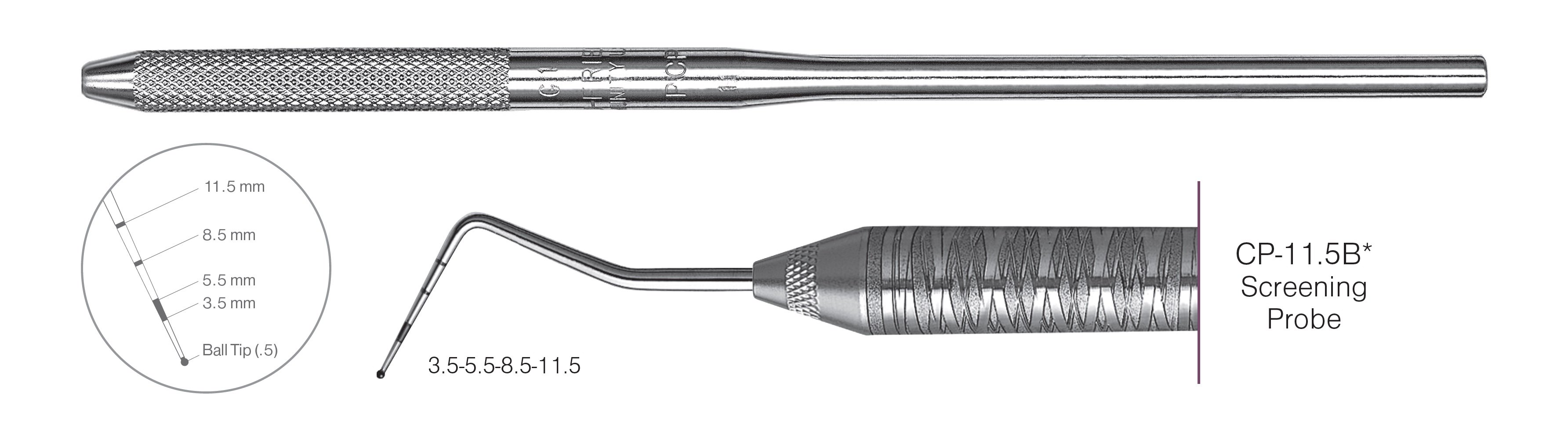 HF-PCP11.5B6-30, COLOR-CODED PROBES CP-11.5B* Screening Probe, Black markings, 3.5-5.5-8.5-11.5 mm, Ball tip (0.5), Handle round, Single End