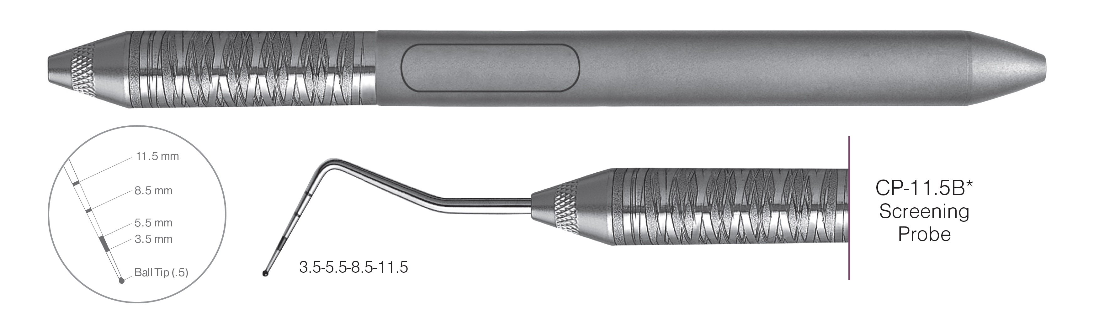 HF-PCP11.5B6-6, COLOR-CODED PROBES CP-11.5B* Screening Probe, Black markings, 3.5-5.5-8.5-11.5, Ball tip (0.5), Handle Satin Steel, Aluminum Titanium Nitride (AlTiN) coating, Single End