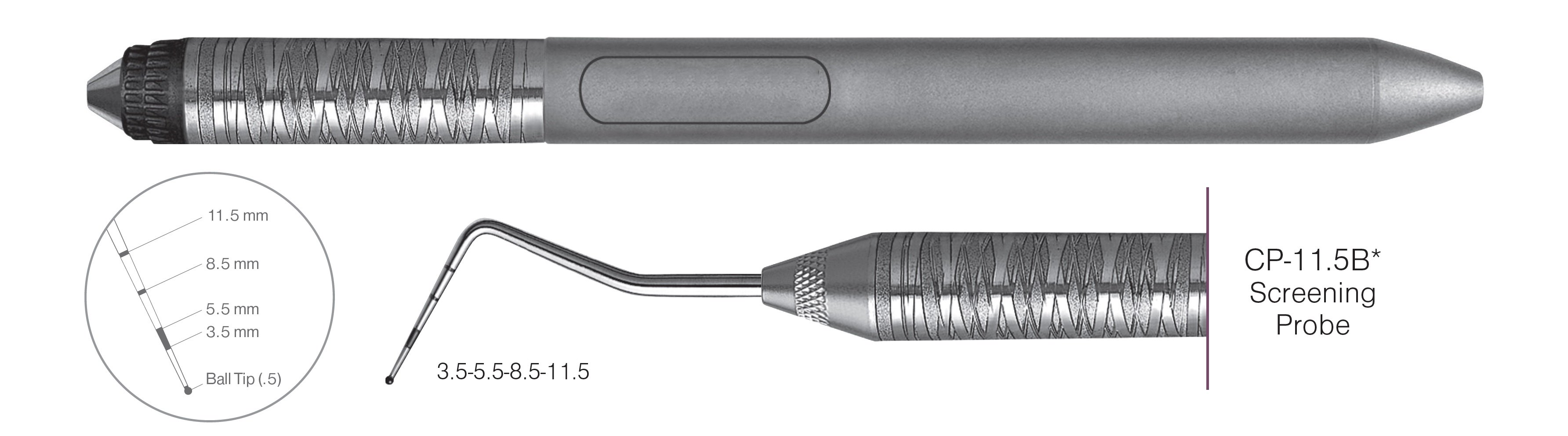 HF-PCP11.5B6-7, COLOR-CODED PROBES CP-11.5B* Screening Probe, Black markings, 3.5-5.5-8.5-11.5, Ball tip (0.5), Handle Satin Steel Colours, Aluminum Titanium Nitride (AlTiN) coating, Single End