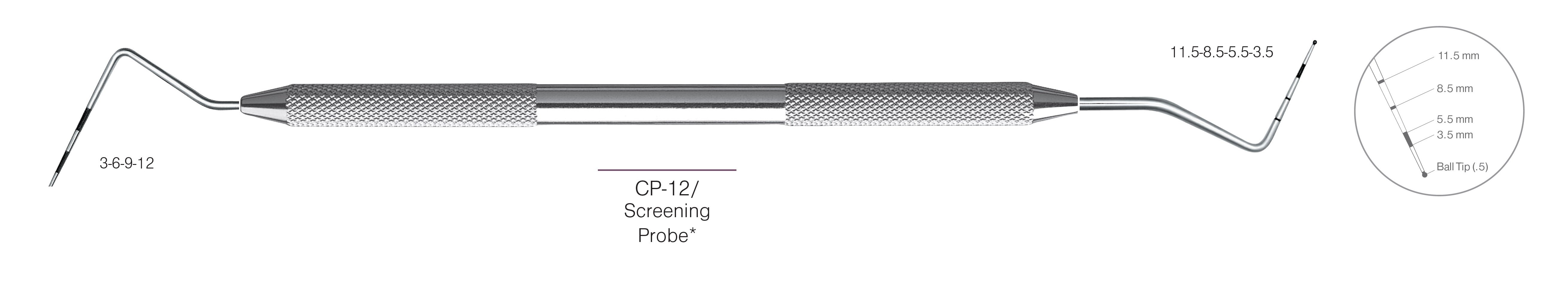 HF-PCP12-11.5-31, DOUBLE-ENDED SCREENING PROBES CP-12 Screening Probe*, Black markings, Tip 3-6-9-12 mm & 11.5-8.5-5.5-3.5 mm, With Ball tip (0.5), Handle Round, Double Ended