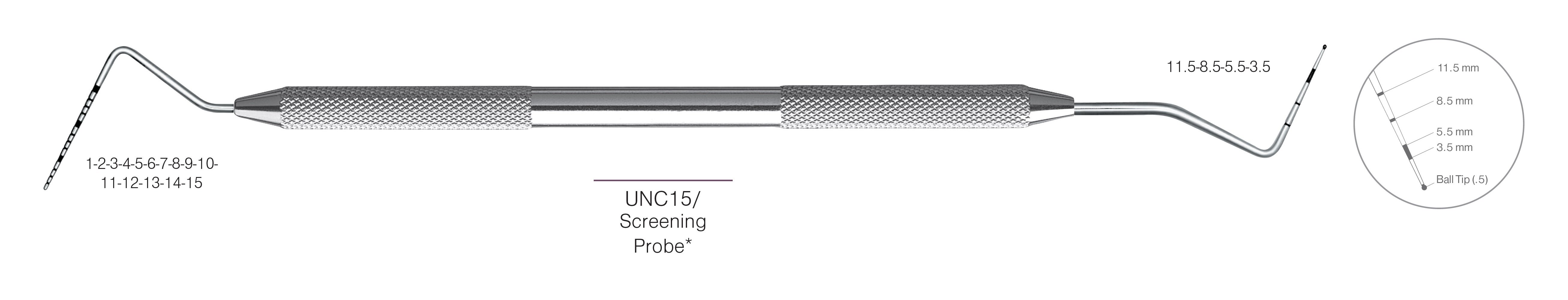 HF-PCP15-11.5-31, DOUBLE-ENDED SCREENING PROBES UNC15 Screening Probe*, Black markings, Tip 1-2-3-4-5-6-7-8-9-10-11-12-13-14-15 mm & 11.5-8.5-5.5-3.5 mm, With Ball tip (0.5), Handle Round, Double Ended
