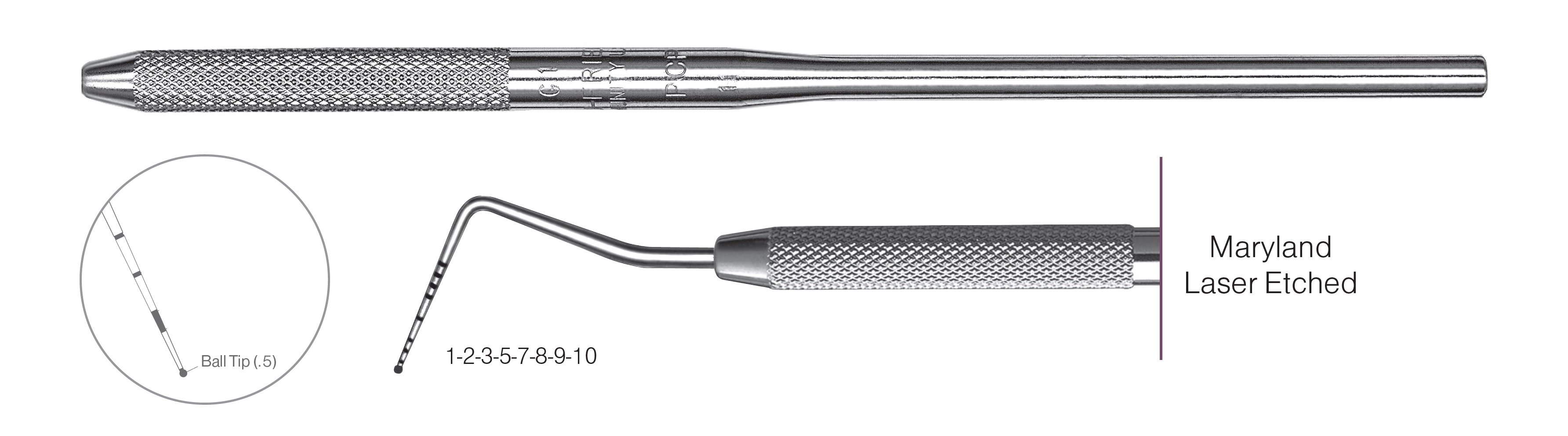 HF-PCPMDBIU-30, COLOR-CODED PROBES MARYLAND, Laser Etched, Black markings, 1-2-3-5-7-8-9-10 mm, Ball tip (0.5), Handle round, Single End