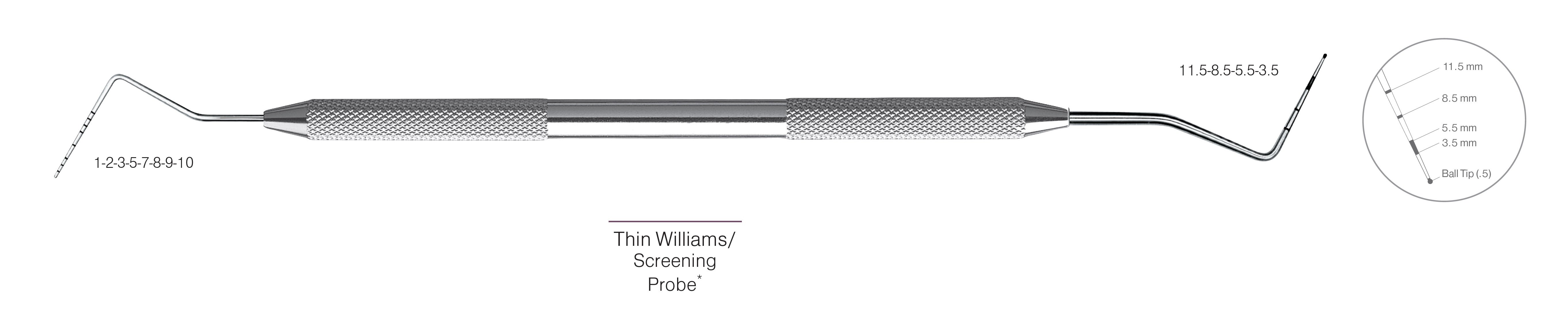 HF-PCPQOW11.5-31, DOUBLE-ENDED SCREENING PROBES Thin Williams/Screening Probe*, Black markings, Tip 1-2-3-5-7-8-9-10 mm & 11.5-8.5-5.5-3.5 mm, With Ball tip (0.5), Handle Round, Double Ended