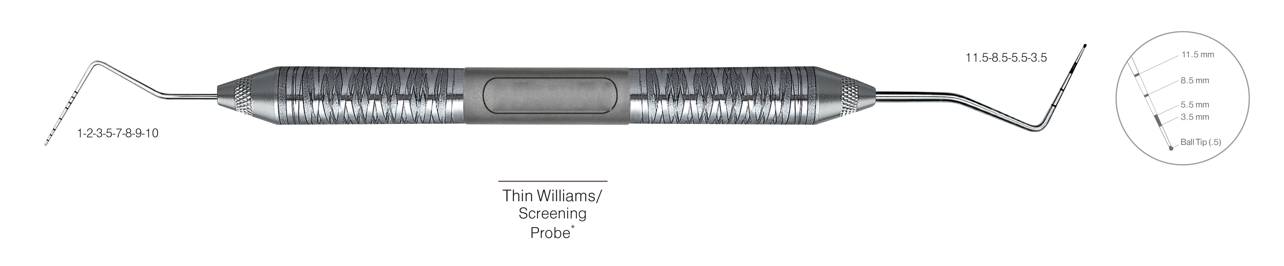 HF-PQOW11.5B6-6, DOUBLE-ENDED SCREENING PROBES Thin Williams/Screening Probe*, Black markings, Tip 1-2-3-5-7-8-9-10 mm & 11.5-8.5-5.5-3.5 mm, With Ball tip (0.5), Handle Satin Steel, Aluminum Titanium Nitride (AlTiN) Coating, Double Ended
