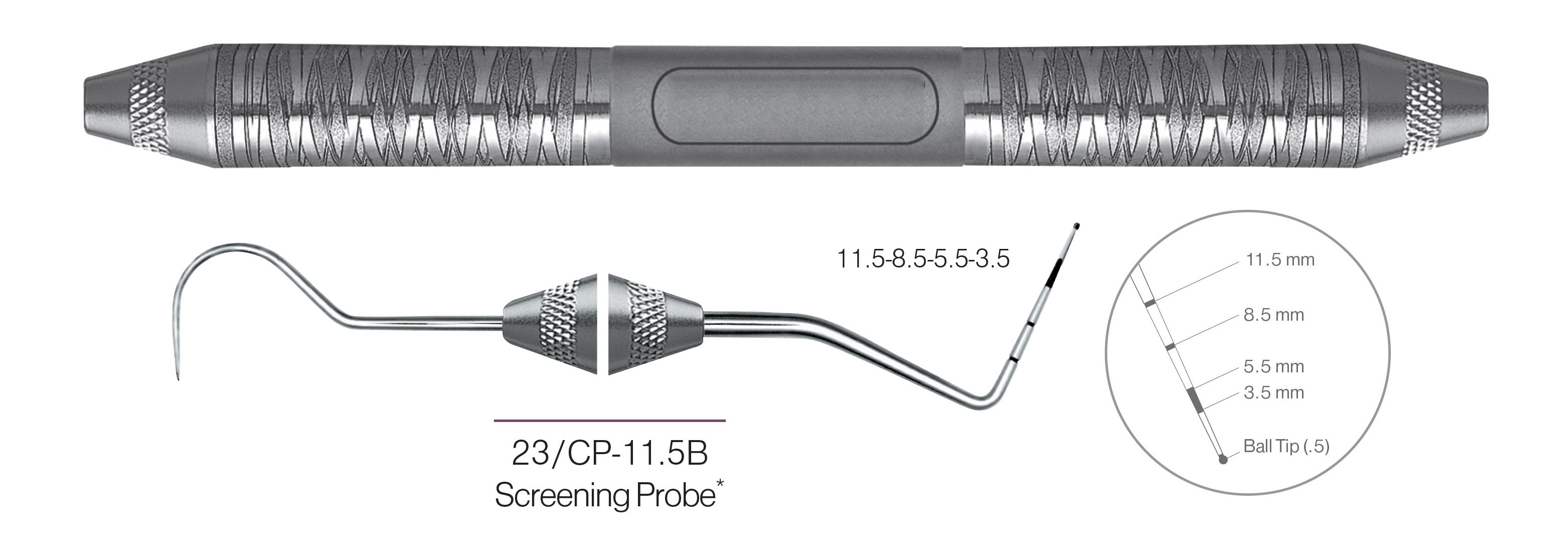 HF-XP23-11.56-6, EXPROS, Explorer # 23/CP-11.5B Screening Probe*, Black markings, 11.5-8.5-5.5-3.5 mm, with ball Tip (0.5 mm), Handle Satin Steel, Aluminum Titanium Nitride (AlTiN) Coating, Double Ended