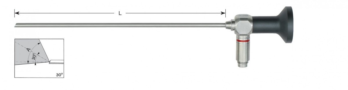LW-49-0025, Autoclavable Telescopes 134° C / 2.3 bar, Diameter 4.0 mm, Working length (L) 185 mm, Viewing direction 300, Viewing angle (A) 1050, Colour code Red