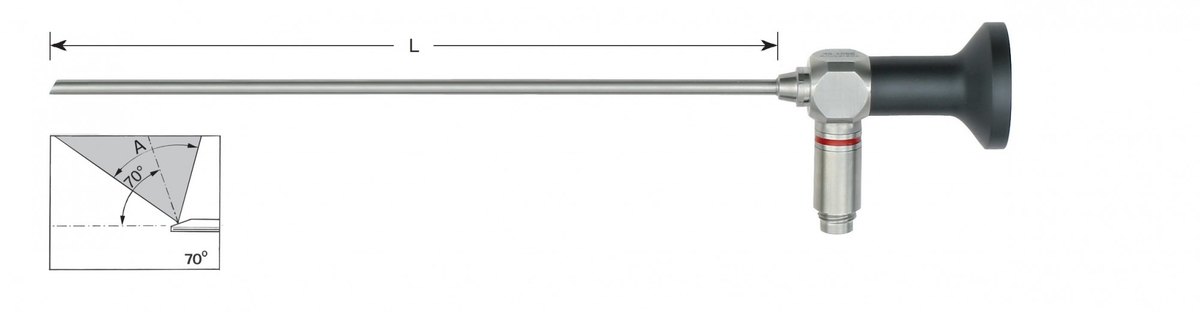 LW-49-0027, Autoclavable Telescopes 134° C / 2.3 bar, Diameter 4.0 mm, Working length (L) 185 mm, Viewing direction 700, Viewing angle (A) 1050, Colour code Yellow