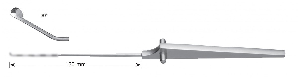 LW-49-0672, Rosette knife, toothed, curved to the right, 3.0 mm, Solid Triangular Handle, working length 120 mm, total length 235 mm