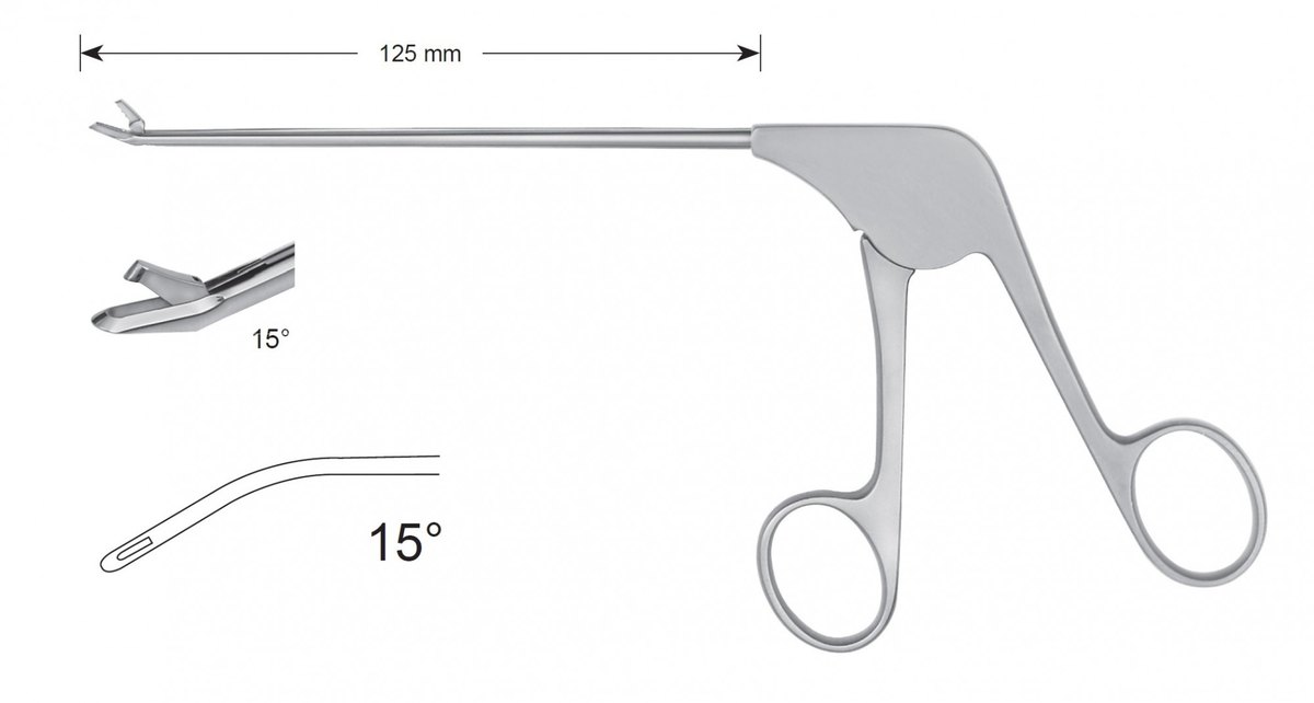 LW-49-1206, Punches without ceramic coating, Diameter of the shaft 3.6 x 4.1 mm, Width of bite 1.65 mm, Width of jaws 3.2 mm, angled upward 150/ curved to left 150, working length 125 mm