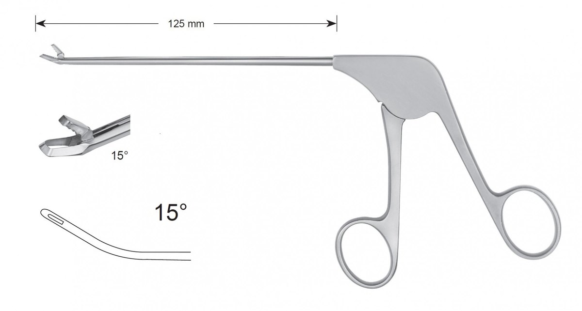 LW-49-1245, Punches without ceramic coating, Diameter of the shaft 3.6 x 4.1 mm, Width of bite 3.20 mm, Width of jaws 4.9 mm, angled upward 150/curved to right 150, working length 125 mm