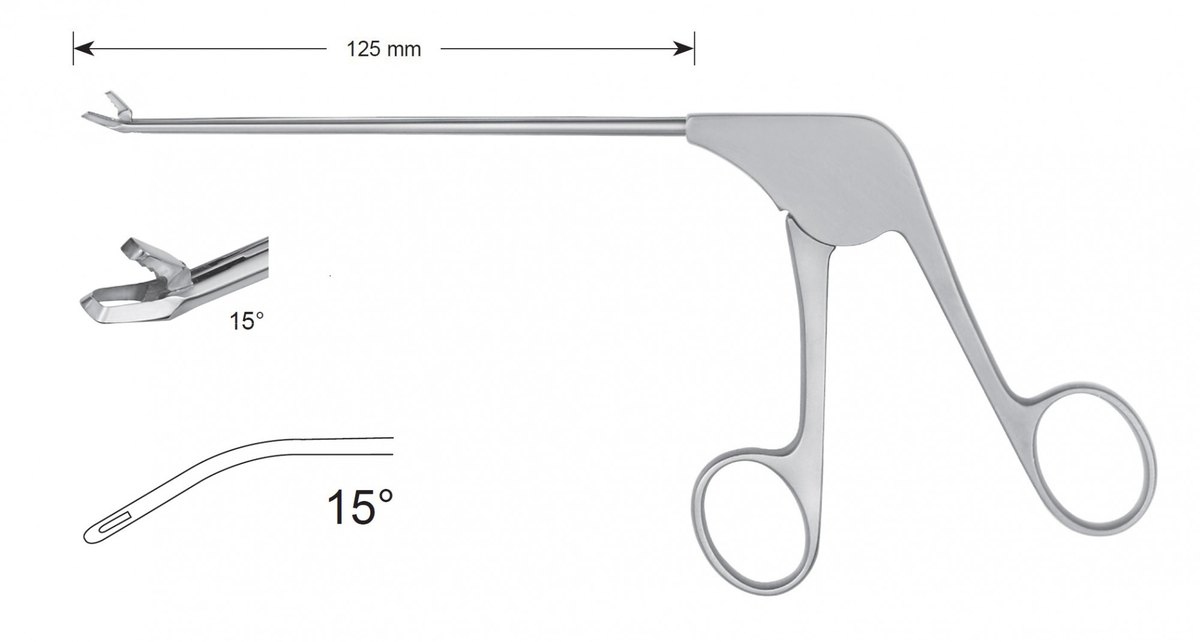 LW-49-1246, Punches without ceramic coating, Diameter of the shaft 3.6 x 4.1 mm, Width of bite 3.20 mm, Width of jaws 4.9 mm, angled upward 150/curved to left 150, working length 125 mm