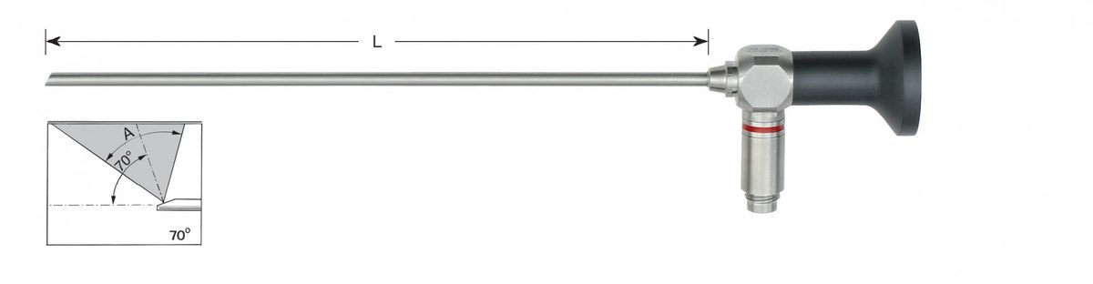 LW-49-4037, Autoclavable Telescopes 134° C / 2.3 bar, Diameter 2.7 mm, Working length (L) 140 mm, Viewing direction 700, Viewing angle (A) 800, Colour code Yellow